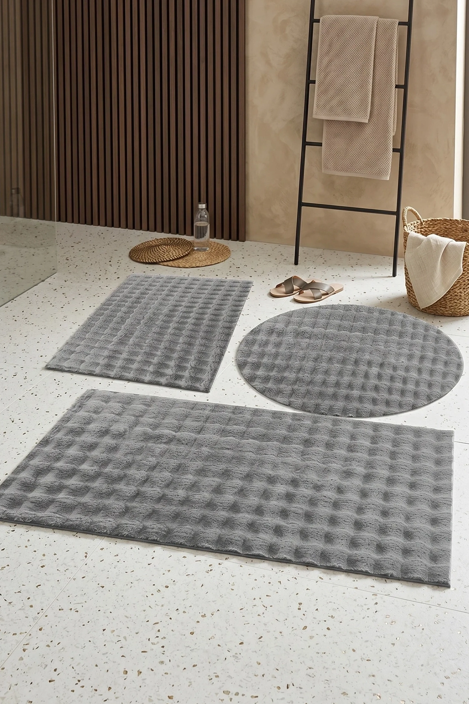 Banyo Paspası Açık Gri Gri Kaymaz Taban Peluş Bubble 50X50 cm