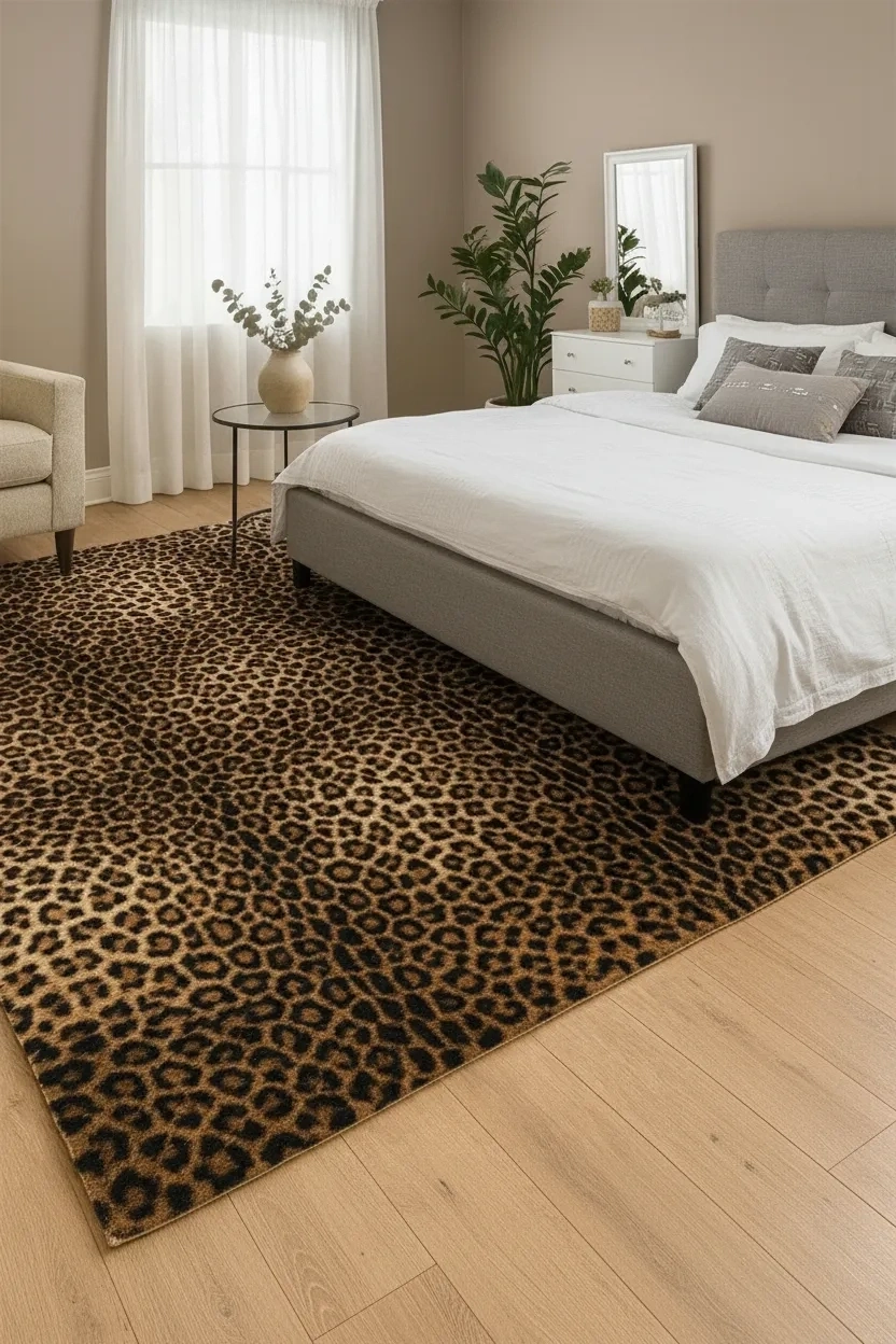 Yolluk Bej Leopar Desen Kaymaz Taban Tavşan Tüyü