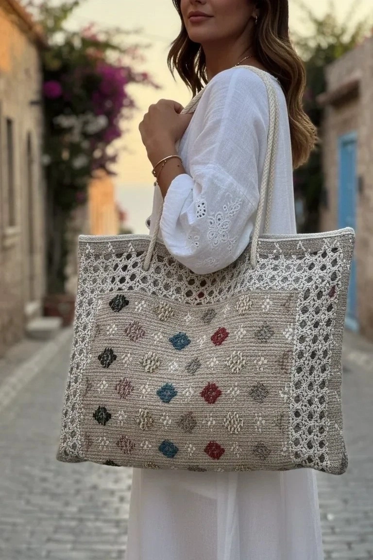 Plaj Çantası Jüt Dokuma Fermuarlı Büyük Boy (Desen Farklı Olabilir)