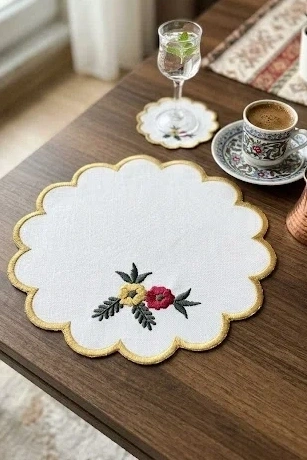 6 Adet Nakışlı Kahve Yanı Sunum Peçetesi 15x15 cm Kokteyl Peçetesi, Bardak Altlığı, Çeyizlik