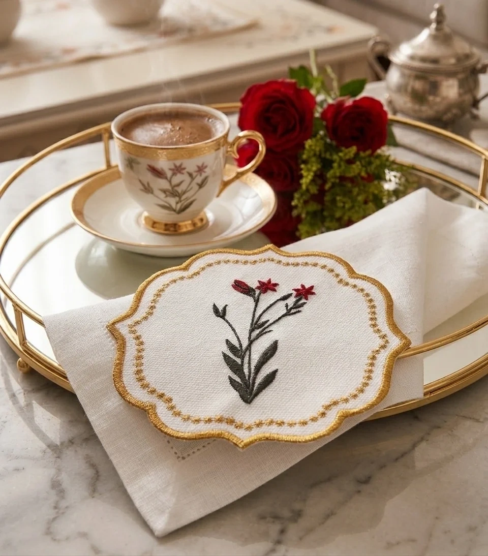 6 Adet Nakışlı Kahve Yanı Sunumluk Kokteyl Peçetesi & Bardak Altlığı Gold Kenar Çiçek Desen