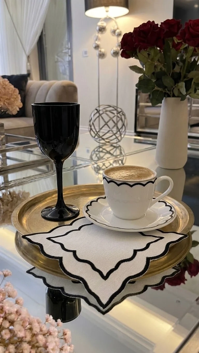 Kahve Yanı Sunum Peçetesi Kokteyl Peçetesi Siyah Dalgalı Nakışlı Beyaz Sunumluk 14x14 cm