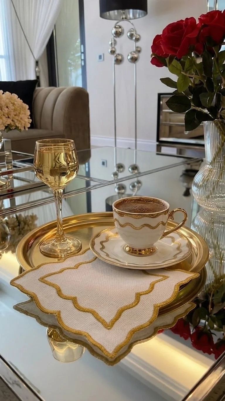 Kahve Yanı Sunumluk Peçete Gold Fisto Nakışlı Kokteyl Peçetesi Bardak Altlığı Beyaz 14x14 cm