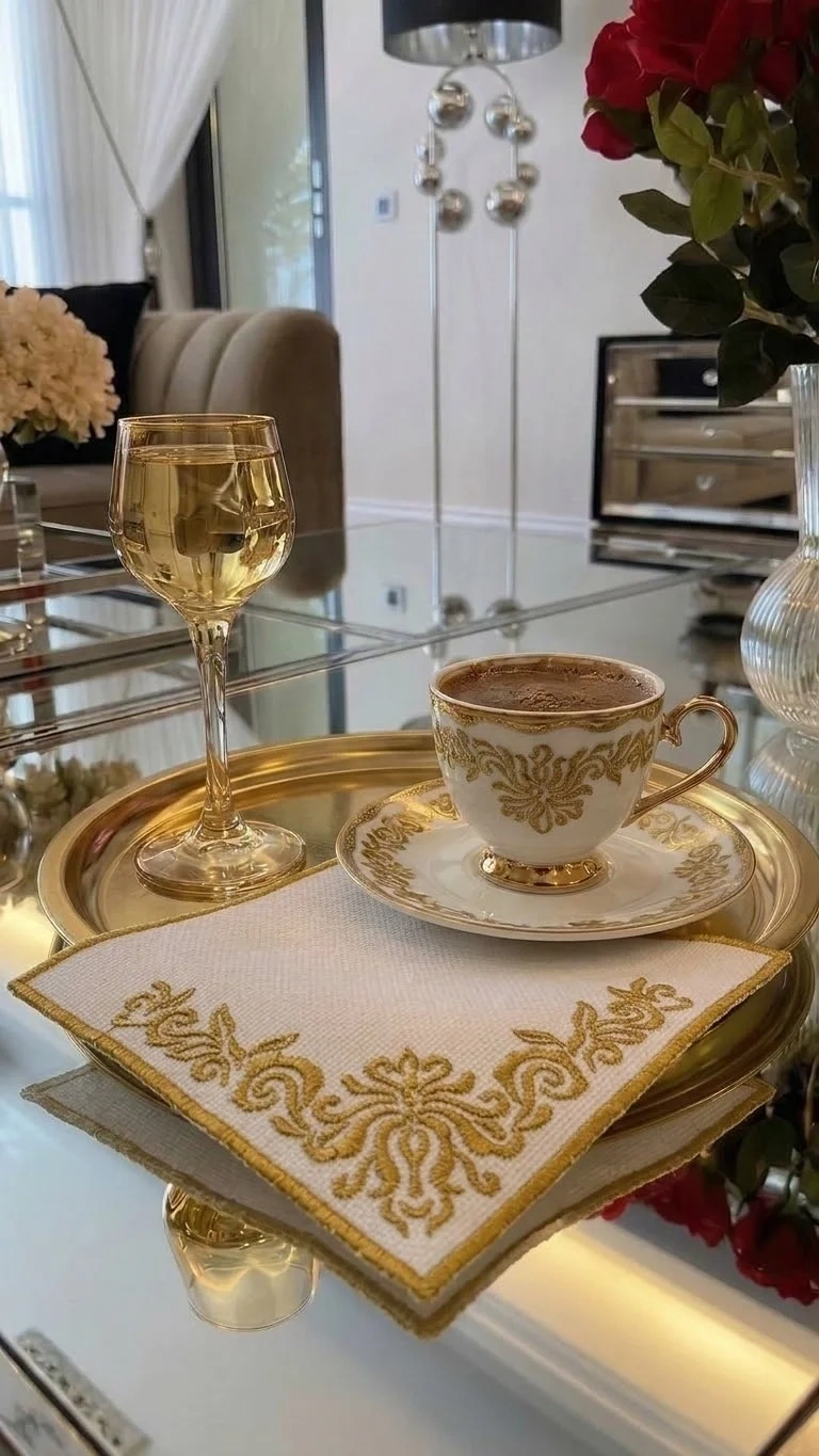 Altın Barok Desen İşlemeli Kahve Yanı Sunumluk Peçete Kokteyl Peçetesi Bardak Altlığı Beyaz Gold