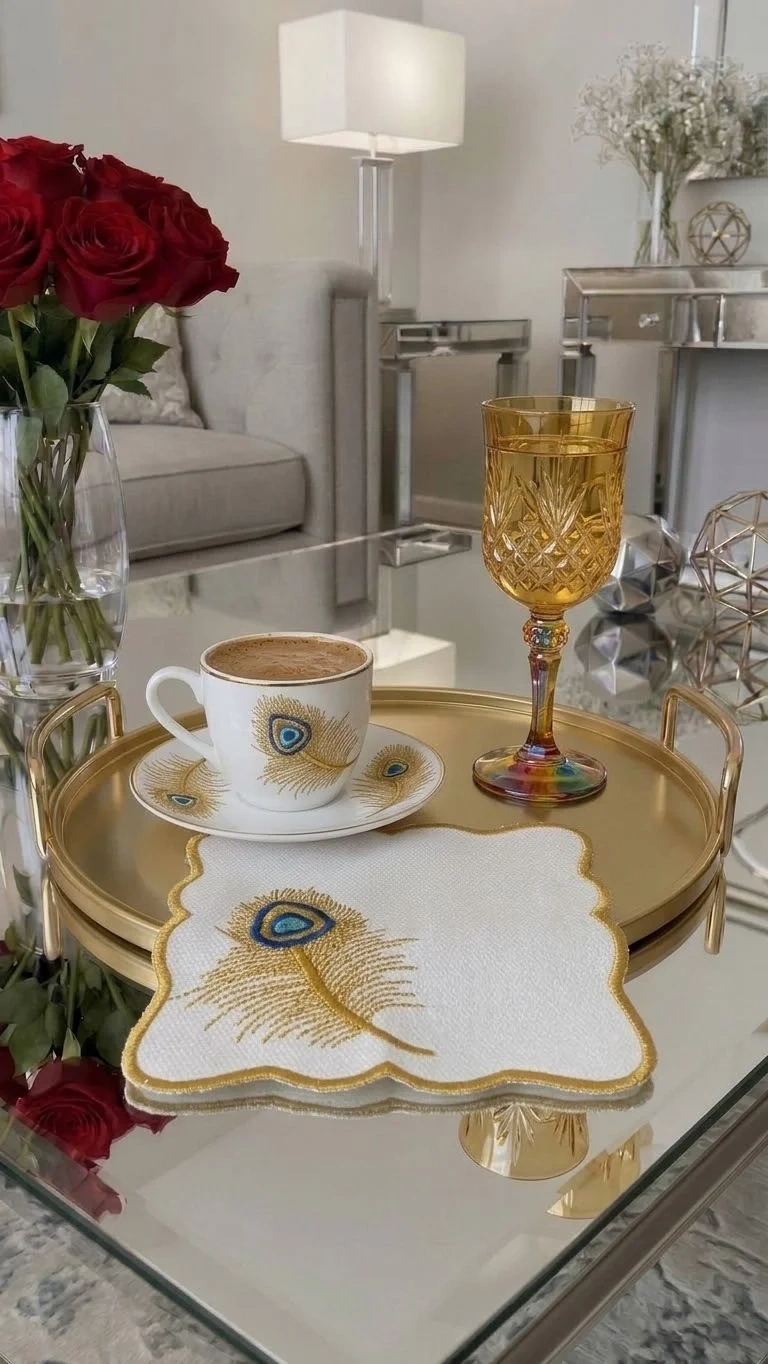 Tavus Kuşu Nakışlı Kahve Yanı Sunumluk Kokteyl Peçetesi & Bardak Altlığı Beyaz Gold