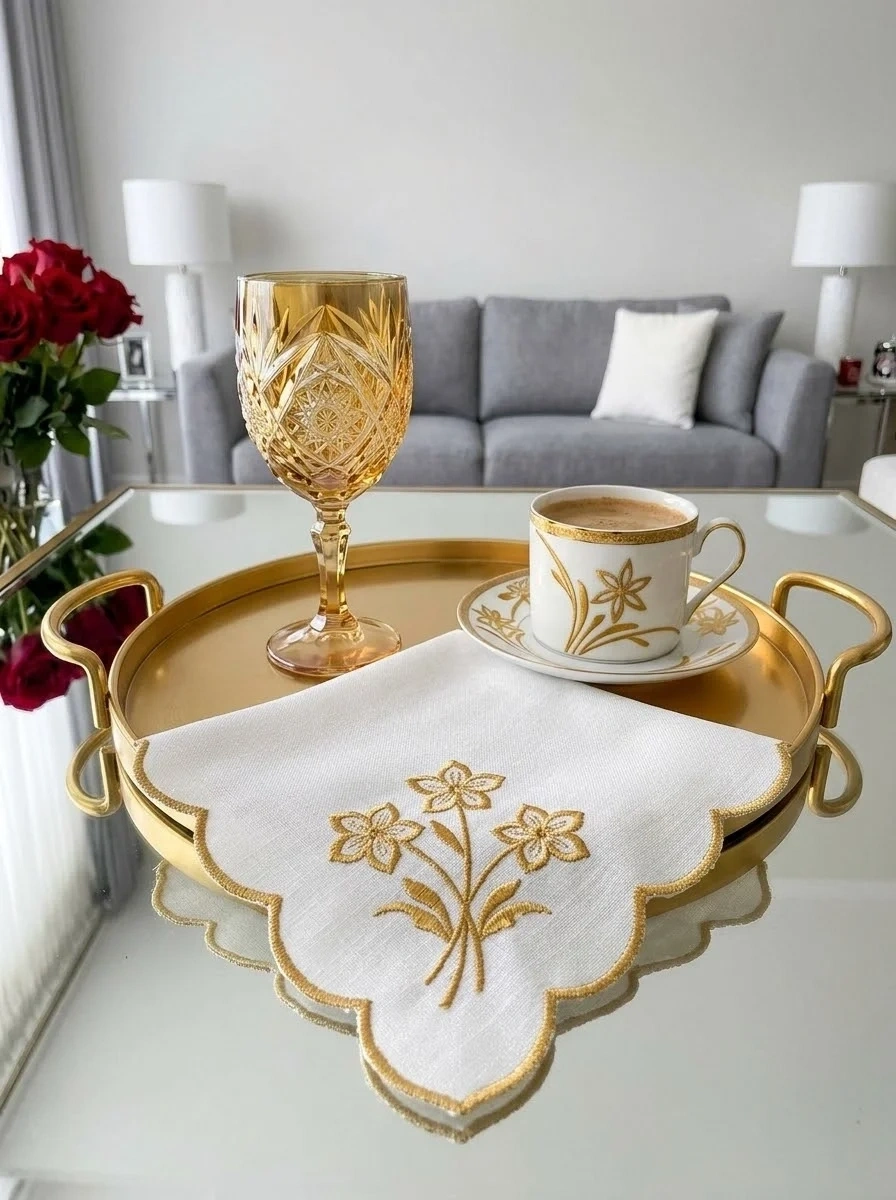Nakışlı Sunumluk Peçete Kahve Yanı Kokteyl Peçetesi Bardak Altlığı Gold Çiçek Desen Beyaz
