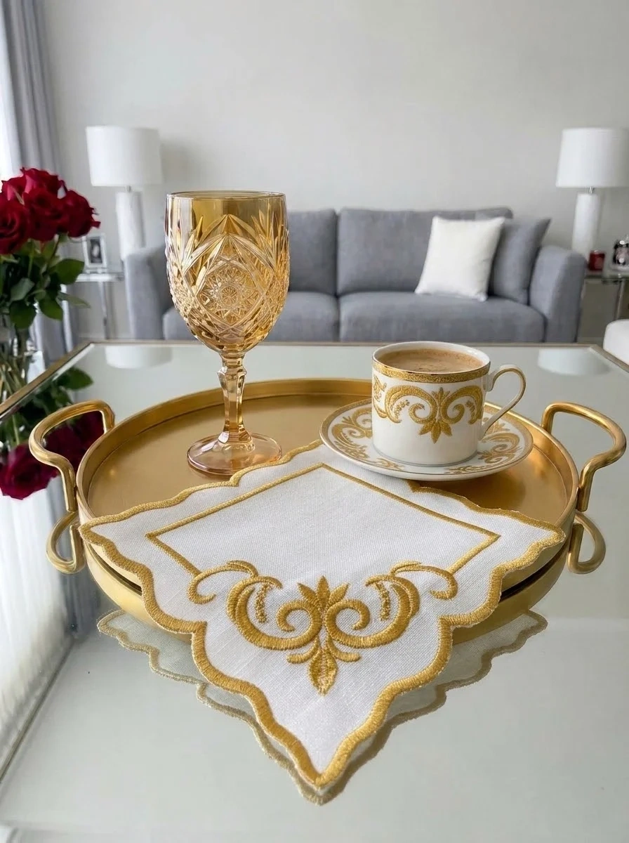 Nakışlı Kahve Yanı Sunumluk Kokteyl Peçetesi Bardak Altlığı Gold Barok Desen Beyaz 14x14 cm