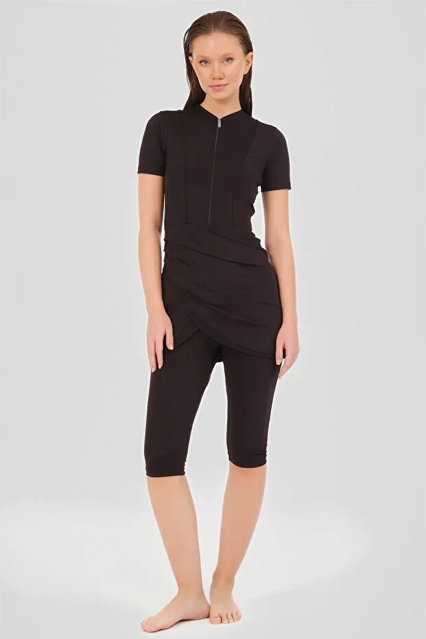 Biyeli Anvelop Etekli Yarım Kol Yarı Kapalı Mayo Dlx-24701