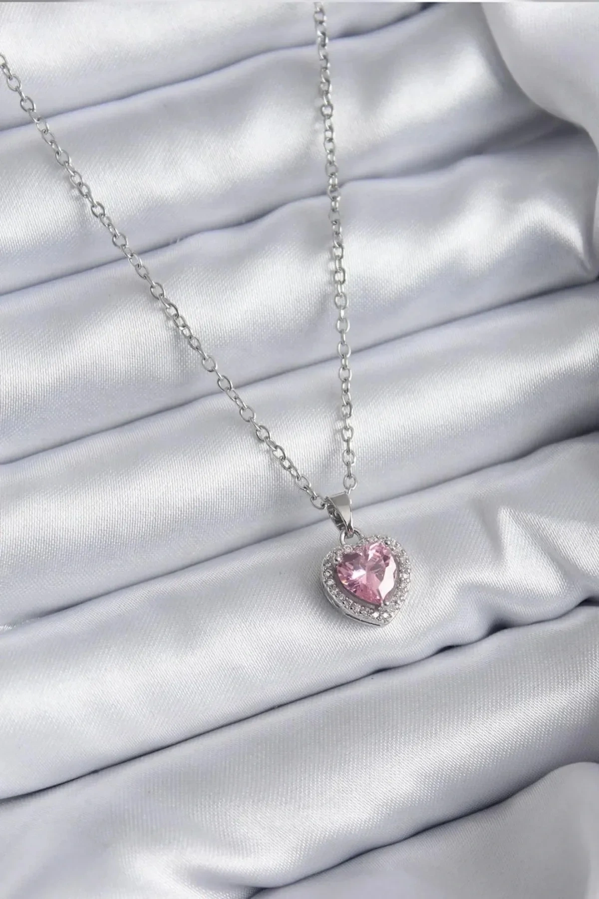 Çelik Mavi Kristal Kalp Kolye Silver Okyanusun Kalbi Pembe