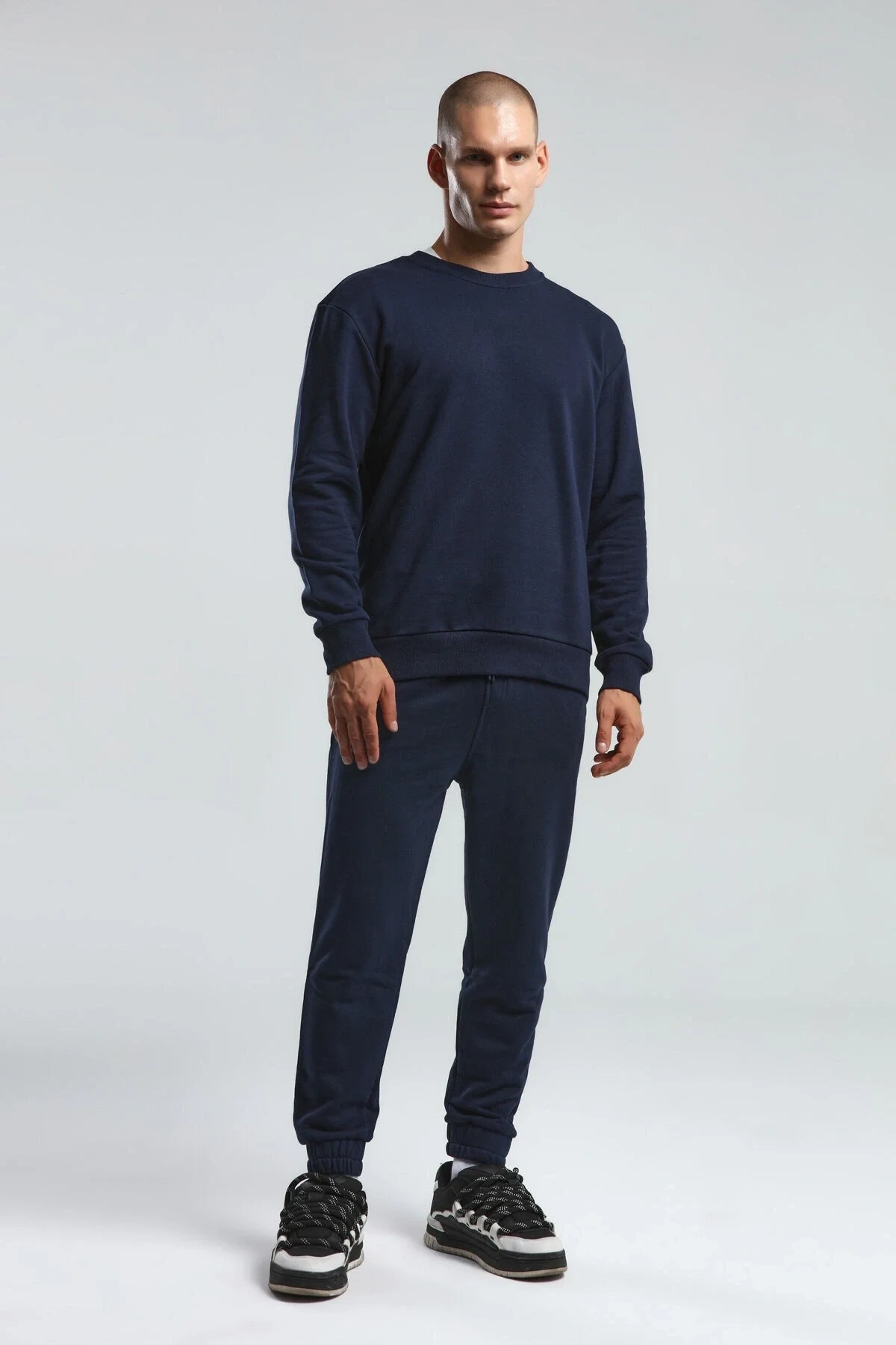 Erkek Bisiklet Yaka Uzun Kol Basıc Sweatshirt Lacivert