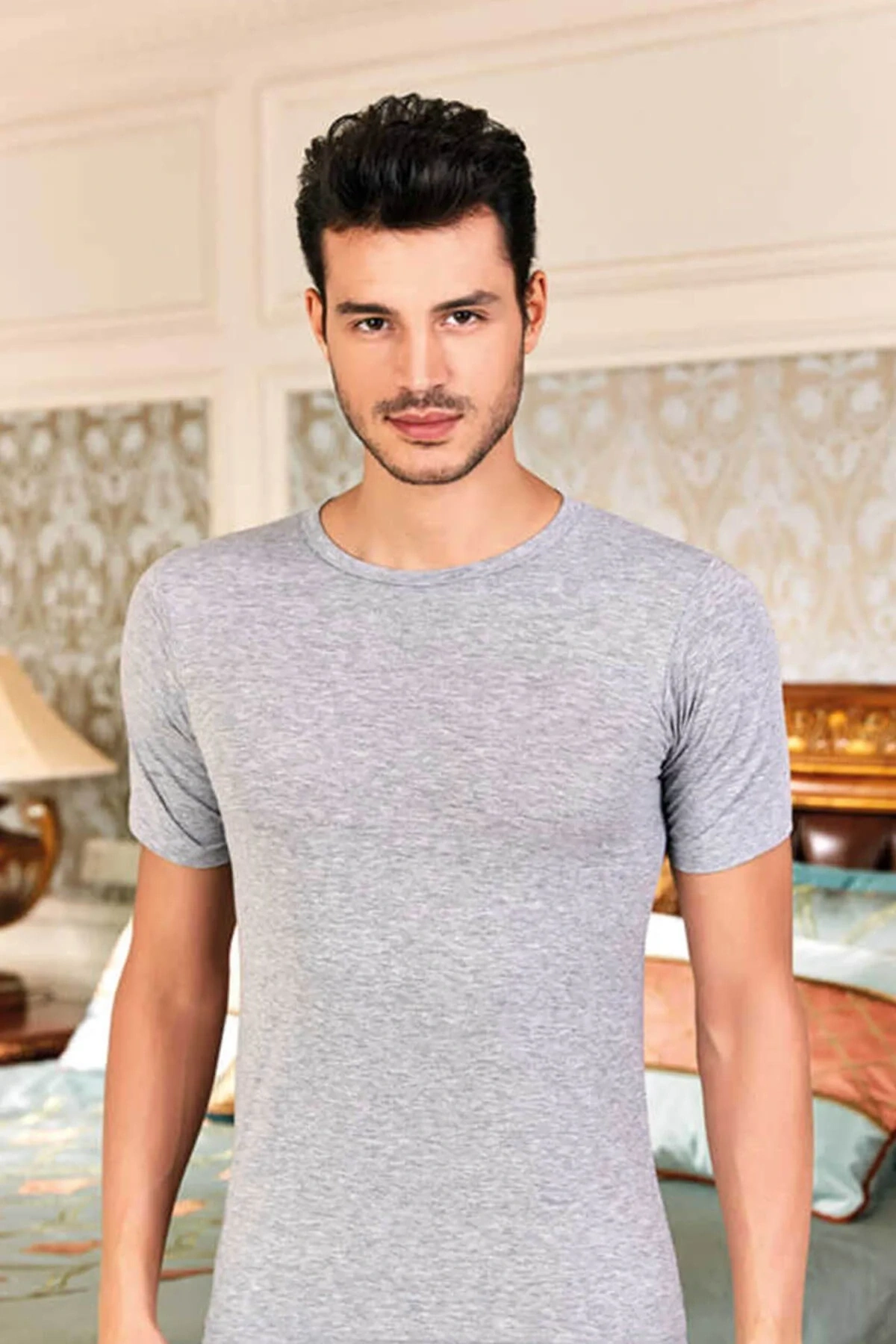 Erkek Gri Likralı Bisiklet Yaka Atlet