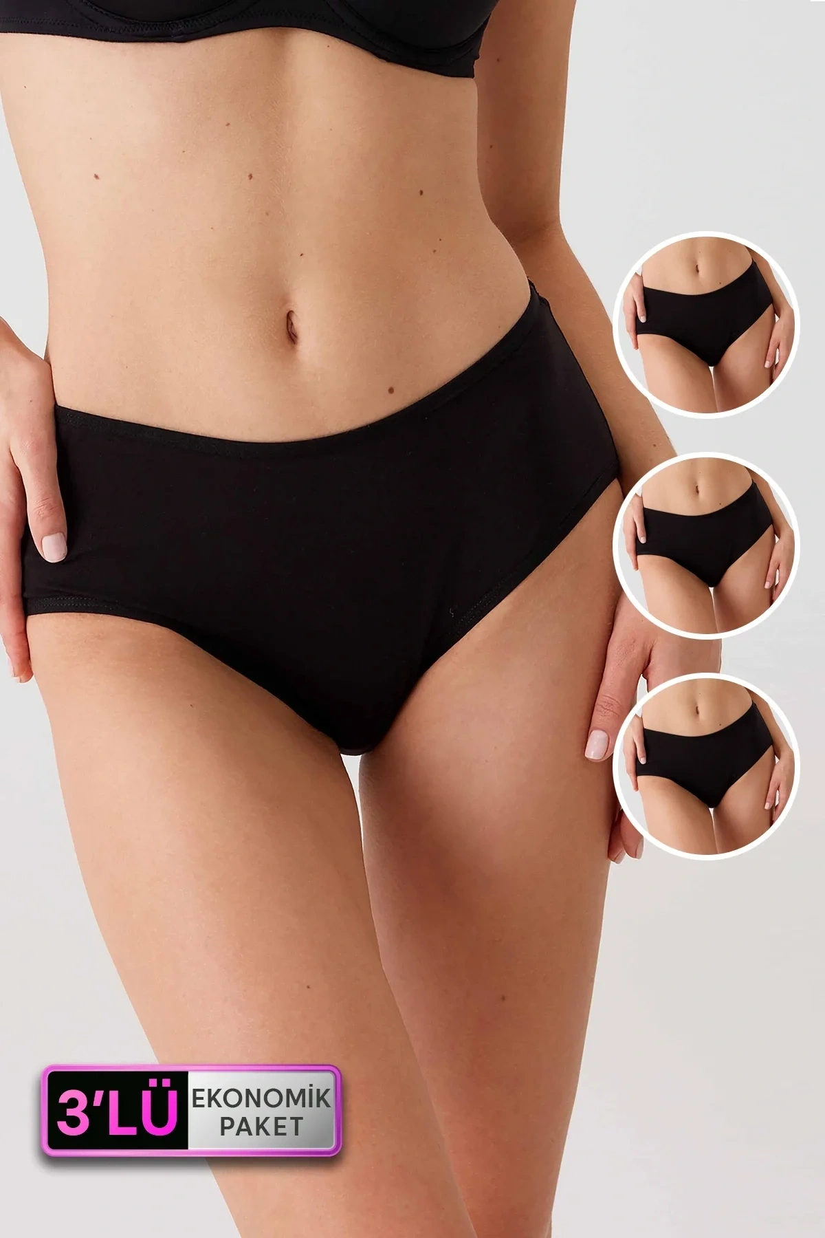 Kadın 3lü Ekonomik Paket Siyah 2033 Maxi Cut Pamuklu Basic Külot