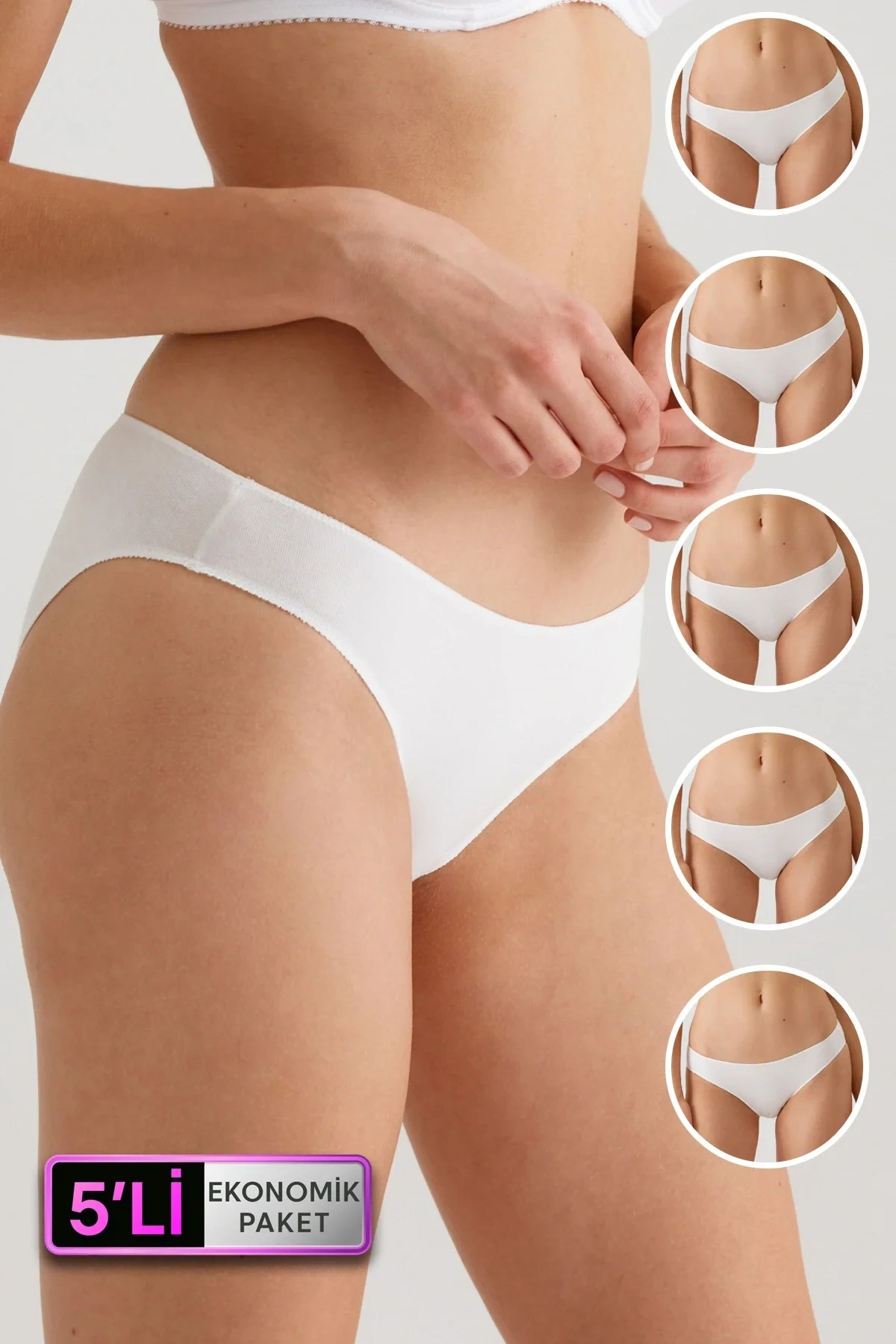 Kadın 5li Ekonomik Paket Beyaz 2050 No Show Pamuklu Basic Bikini Slip