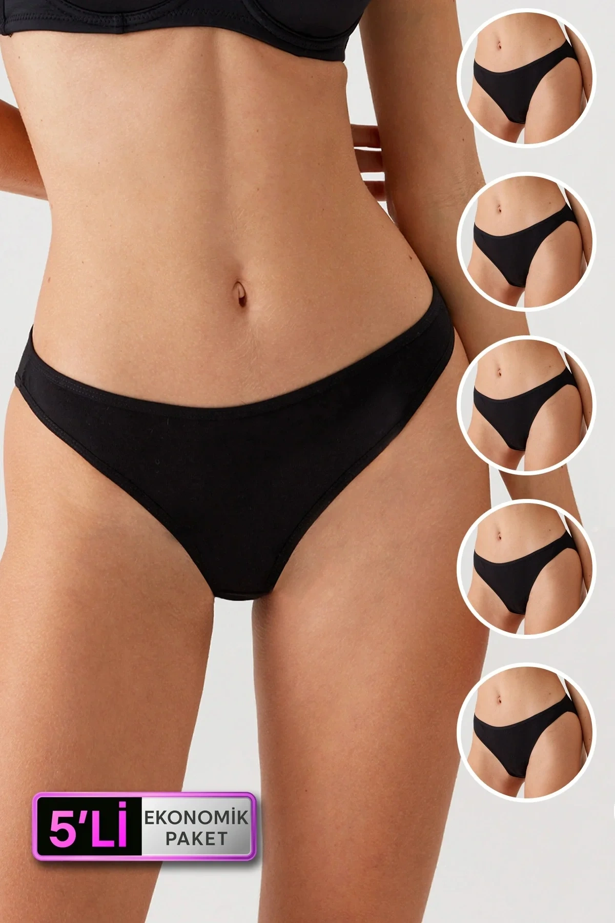 Kadın 5li Ekonomik Paket Siyah 2057 High Leg Classic Pamuklu Basic Külot