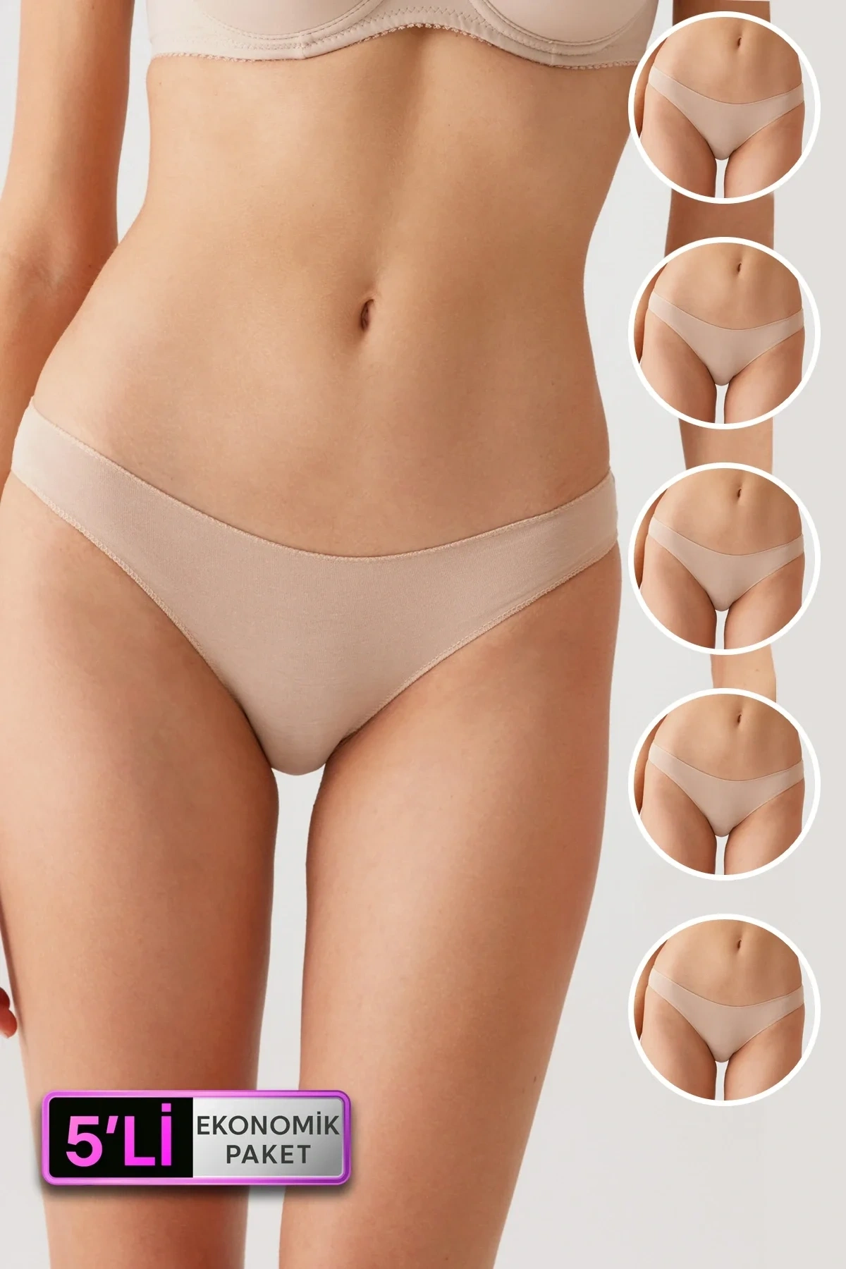 Kadın 5li Ekonomik Paket Ten 2050 No Show Pamuklu Basic Bikini Slip
