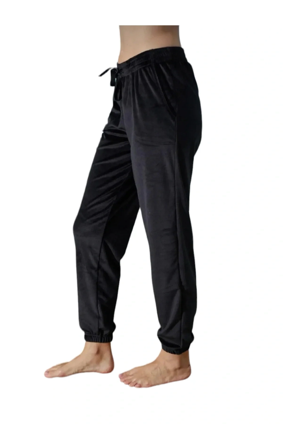 Kadın Kadife Cepli Paçası Lastikli Tek Alt Pijama