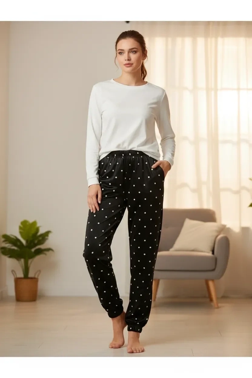 Kadın Puantiye Kadife Yumuşak Bilek Manşetli/lastikli Cepli Pijama Jogger Tek Alt 0258