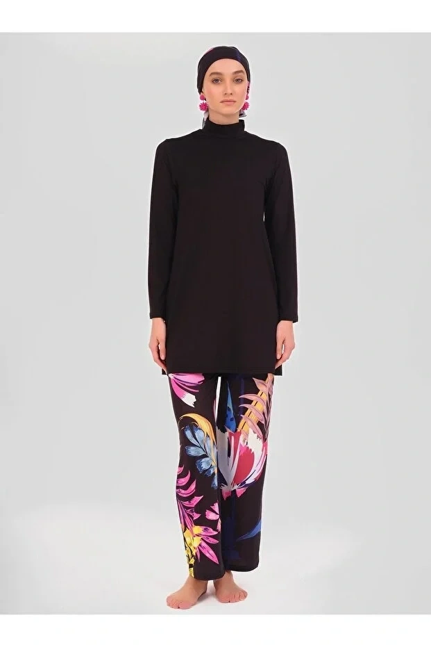 Krizantem Desenli Tesettür Mayo Lacivert Dlx-24613