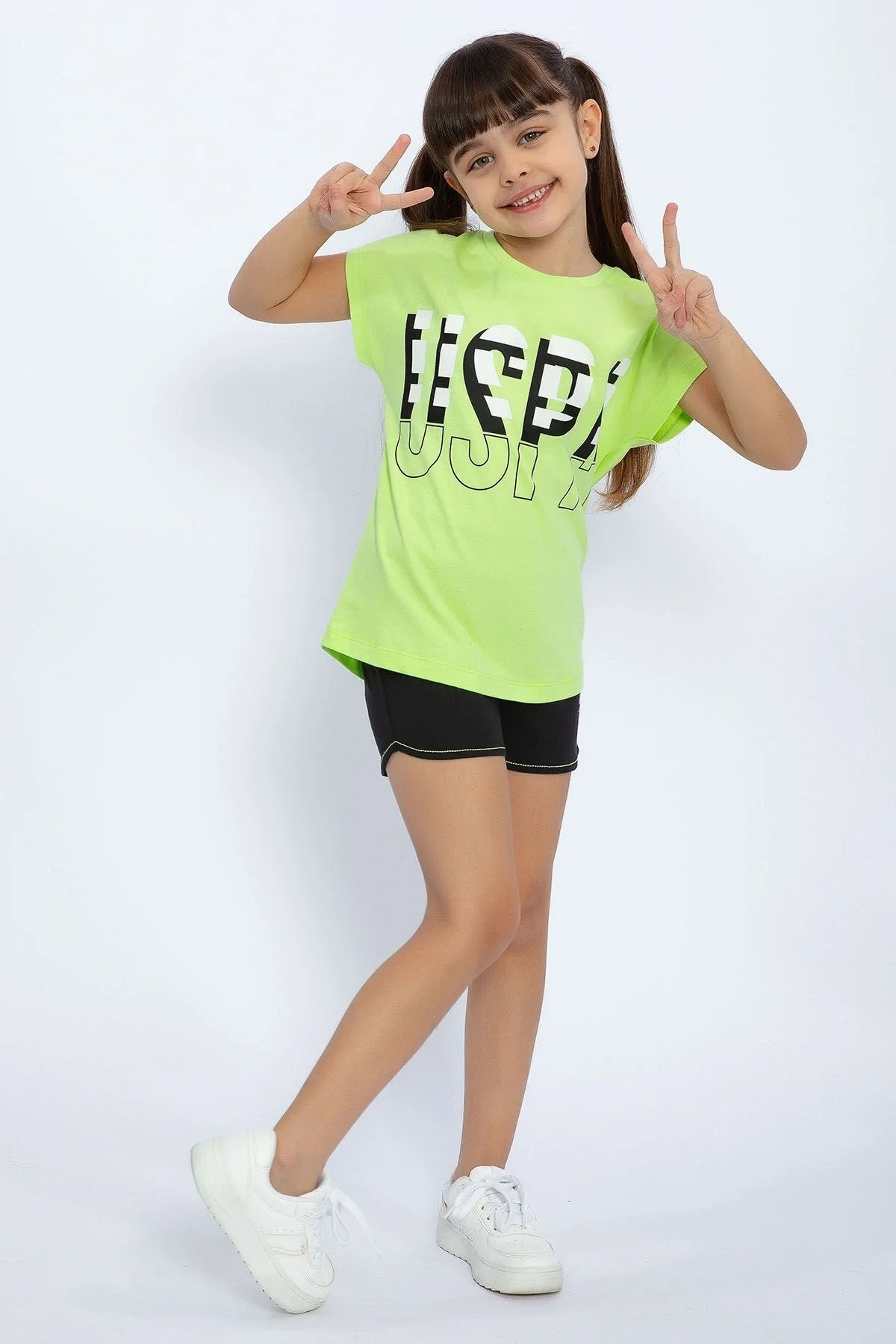 Lime Yeşili Kız Çocuk Şort Takım