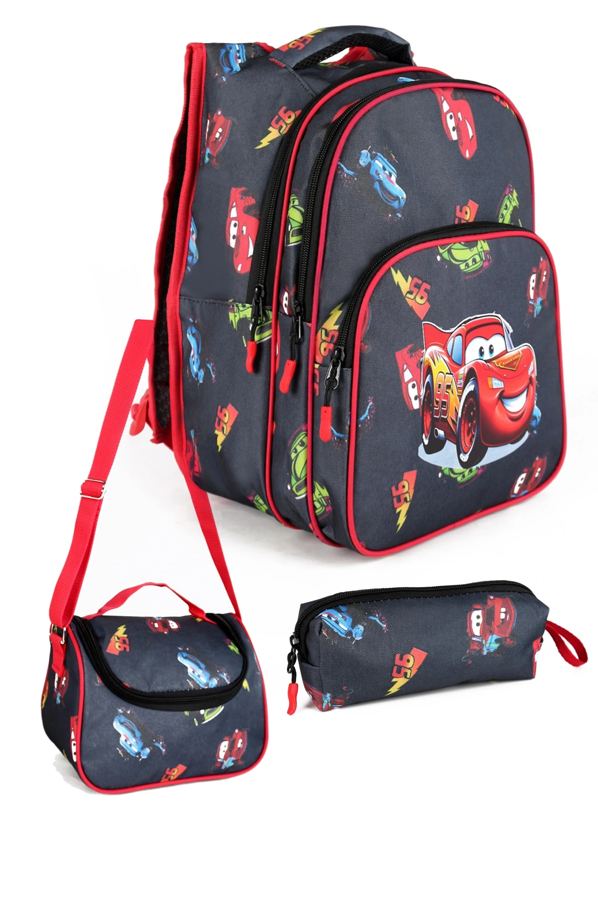 Lugmo 3 Lü İlkokul Çanta Seti Erkek Çocuk Çantası Astarlı Car Race Araba Siyah
