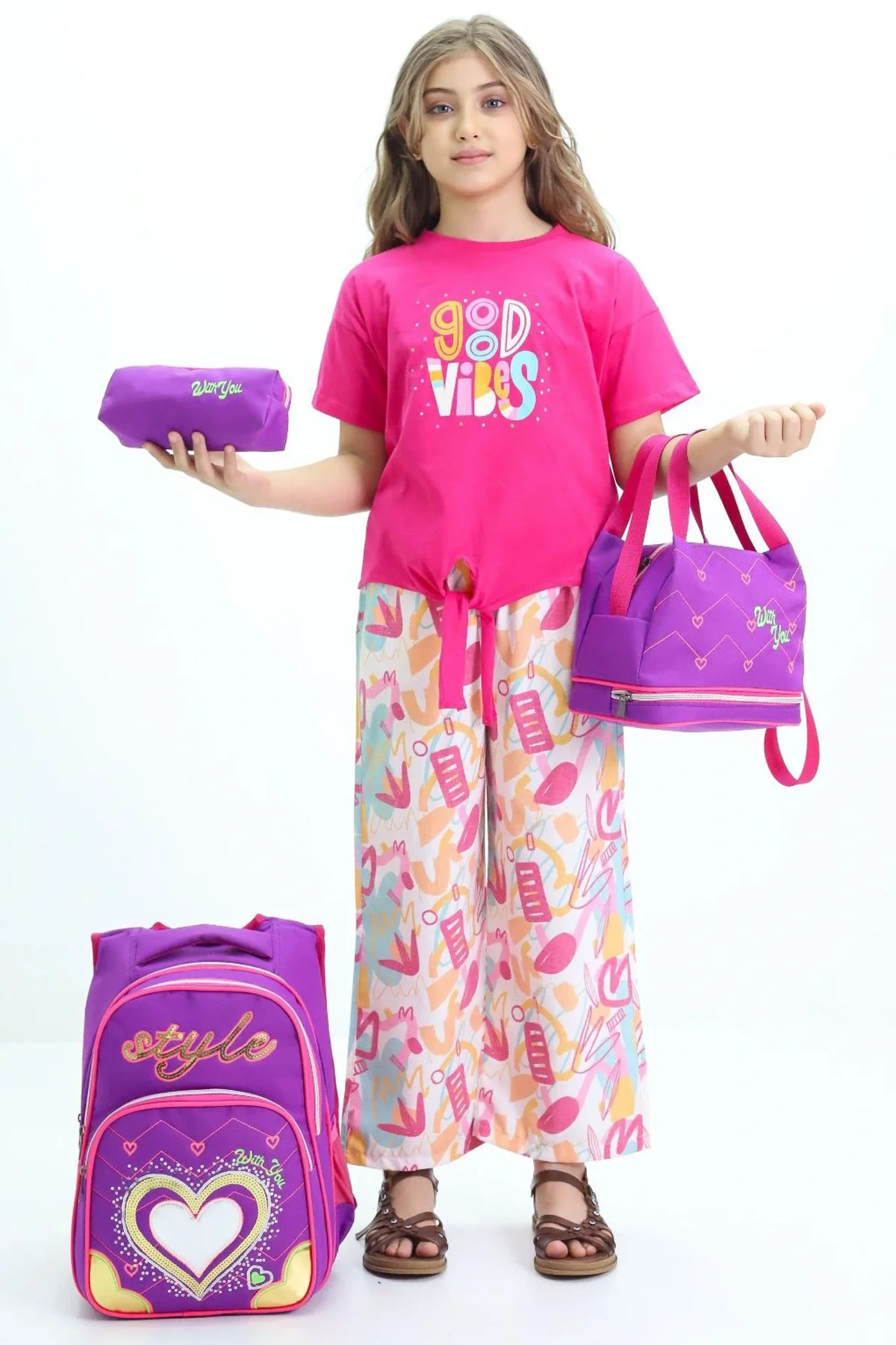 Lugmo 3 Lü Ortaokul Çanta Seti İlkokul Çantası Komple Astarlı Kalp Mor