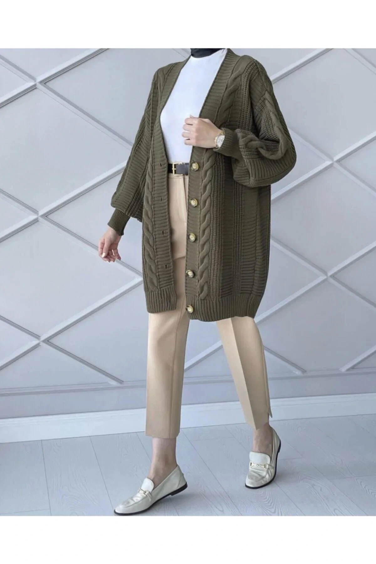 Lugmo Kadın Triko Hırka Akrilik iplik 80 cm Saç Örgülü Haki Yeşil