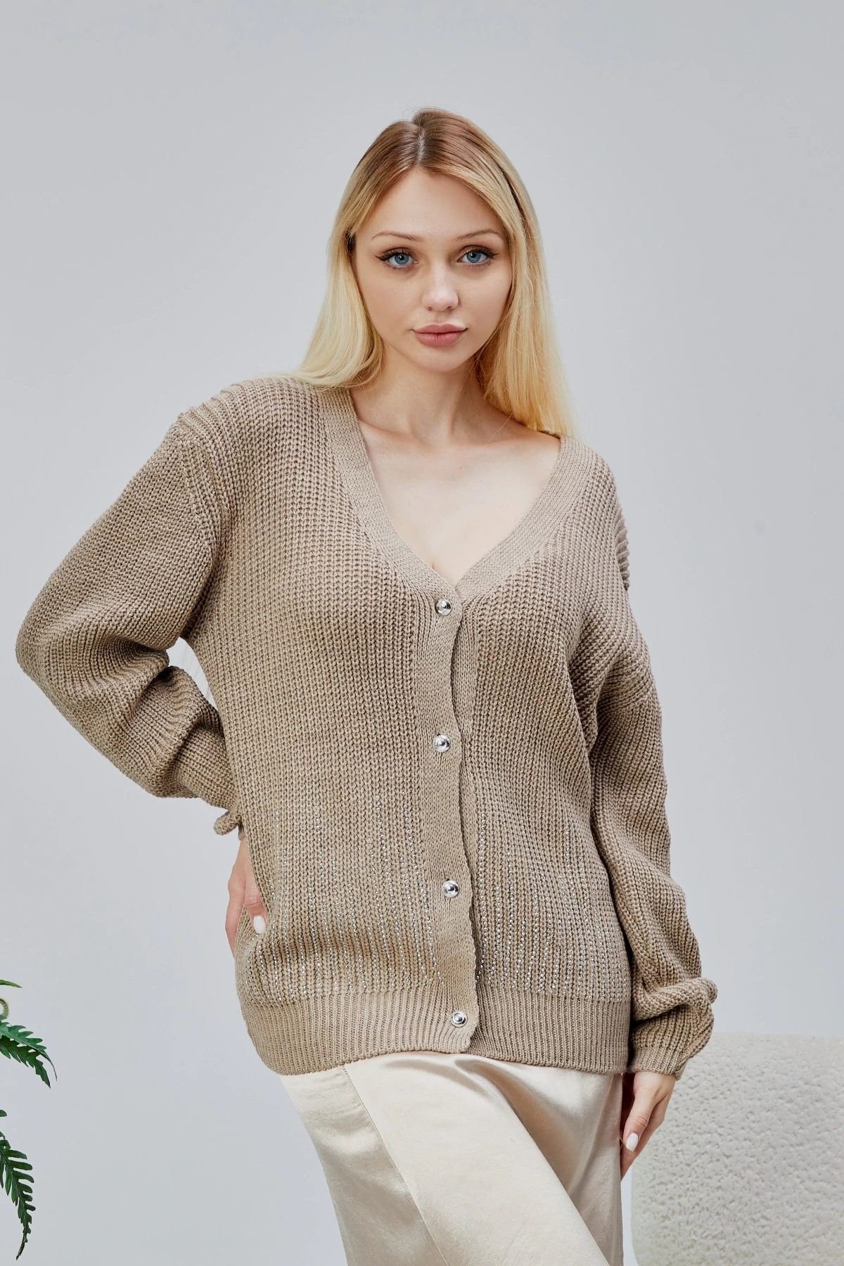 Lugmo Kadın Triko Hırka Taşlı Standart Beden Vizon