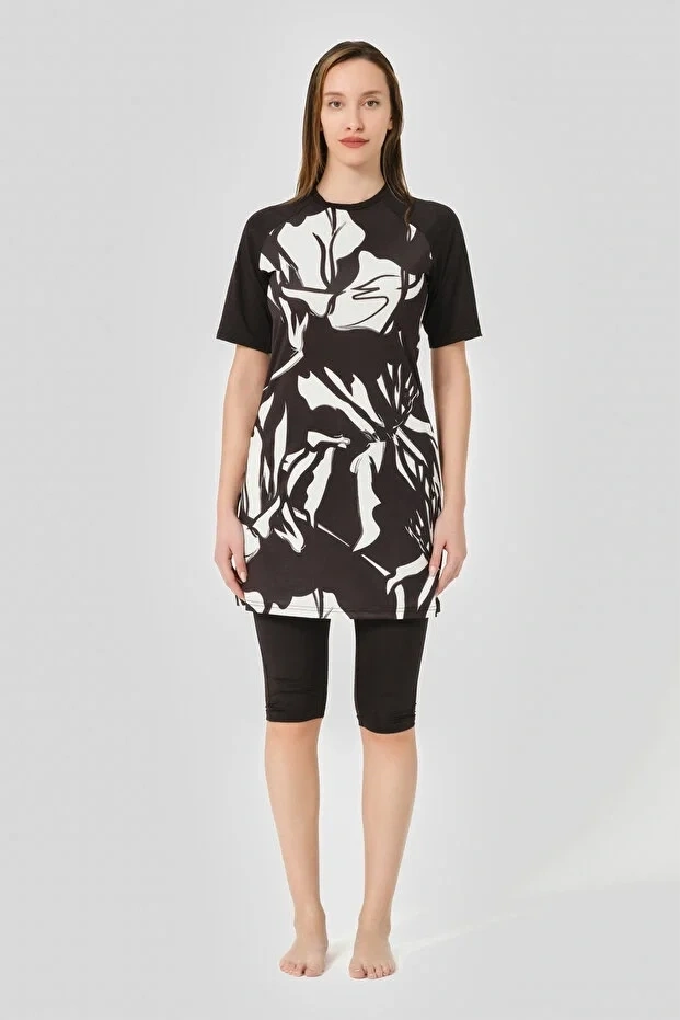 Patchwork Reglan Yarım Kol Yarı Kapalı Mayo Dlx-24707