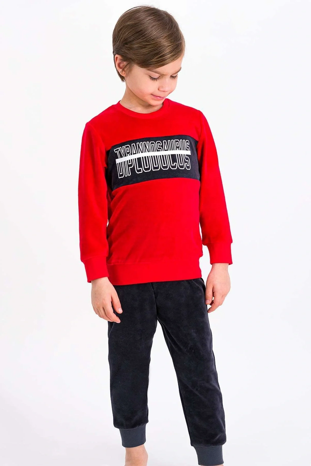 Rolypoly Tyrannosaurus Kırmızı Erkek Çocuk Kadife Eşofman Takımı