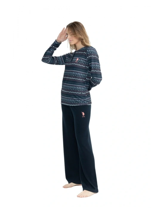 17113 Kadın Lacivert Uzun Kollu Yuvarlak Yaka Patlı Pijama Takım