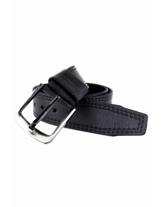 2 Adet Hakiki Deri Erkek Kemer 4,5 cm Dikiş Desenli Siyah