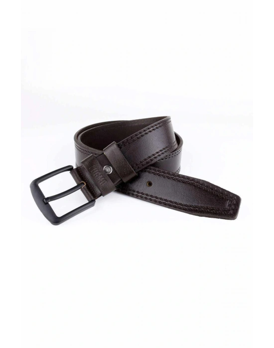 2 Adet Hakiki Deri Erkek Kemer 4,5 cm Dikiş Desenli Siyah-Kahverengi