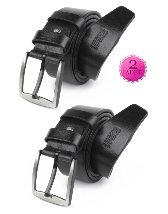 2 Adet Hakiki Deri Erkek Kemer Eko 4,5 cm Kot Siyah
