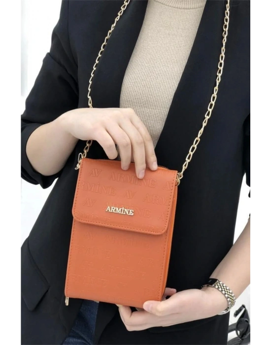 Armine Kadın Çanta, Zincir Askılı Abiye Omuz Çantası 266 Turuncu Lazer