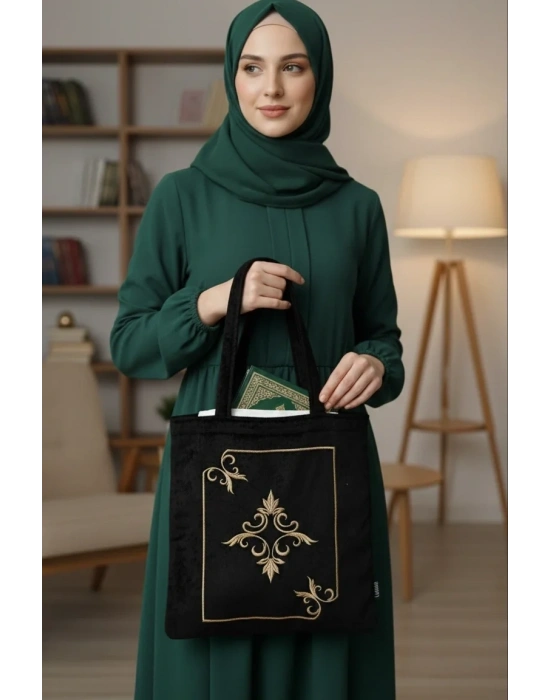 Nakışlı Kadife Seccade Kuran Terlik Çantası Çeyizlik İbadet Çantası Siyah