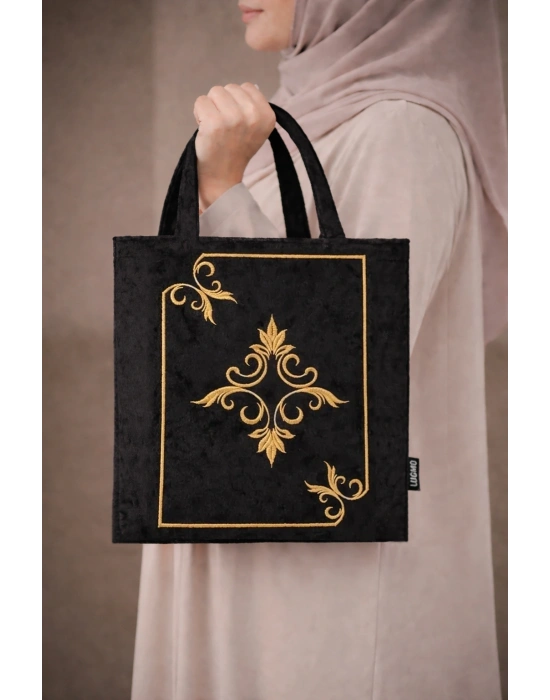 Nakışlı Kadife Seccade Kuran Terlik Çantası Çeyizlik İbadet Çantası Siyah