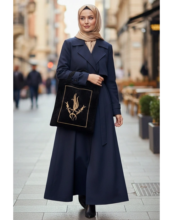 Nakışlı Kadife Seccade Kuran Terlik Çantası Çeyizlik İbadet Çantası Gold Siyah