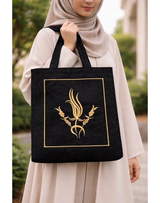 Nakışlı Kadife Seccade Kuran Terlik Çantası Çeyizlik İbadet Çantası Gold Siyah