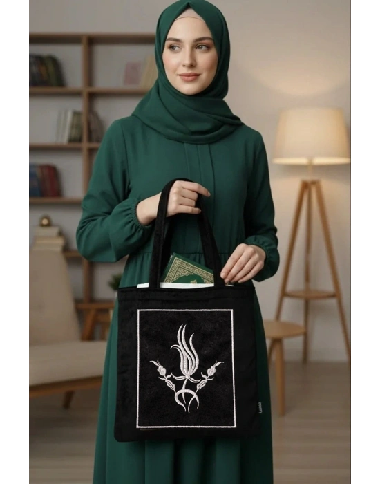 Nakışlı Kadife Kuran Çantası Çeyizlik Seccade Terlik Gümüş Siyah
