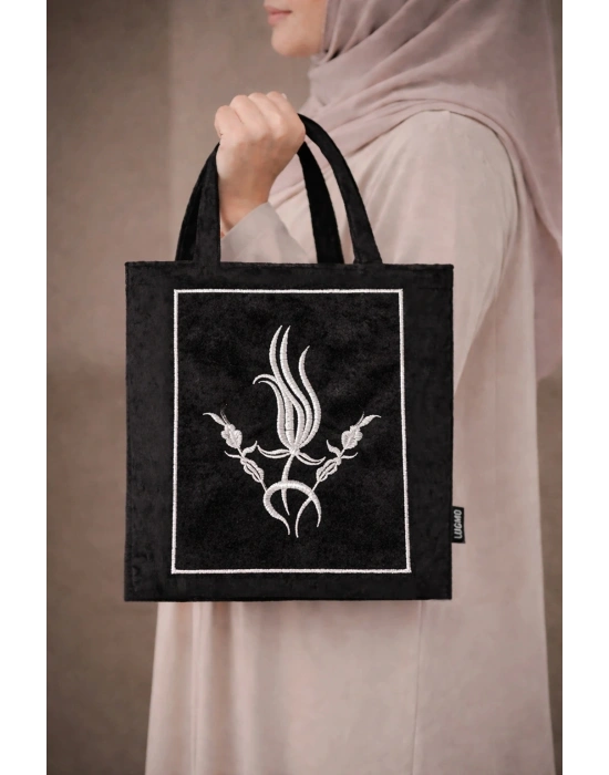 Nakışlı Kadife Kuran Çantası Çeyizlik Seccade Terlik Gümüş Siyah