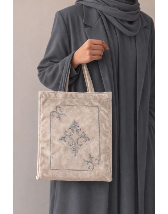 Nakışlı Kadife Kuran Çantası Çeyizlik Seccade Terlik Gümüş Cappucino