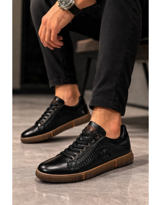 Hakiki Deri Ayakkabı Erkek Sneaker Konforlu Kaymaz Silikon Taban Siyah