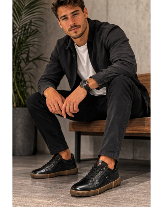 Hakiki Deri Ayakkabı Erkek Sneaker Konforlu Kaymaz Silikon Taban Siyah