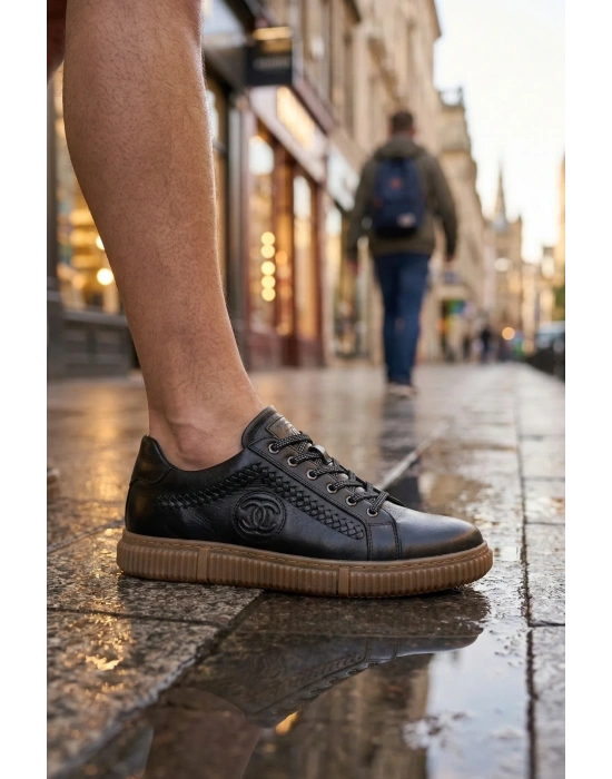 Hakiki Deri Ayakkabı Erkek Sneaker Konforlu Kaymaz Silikon Taban Siyah