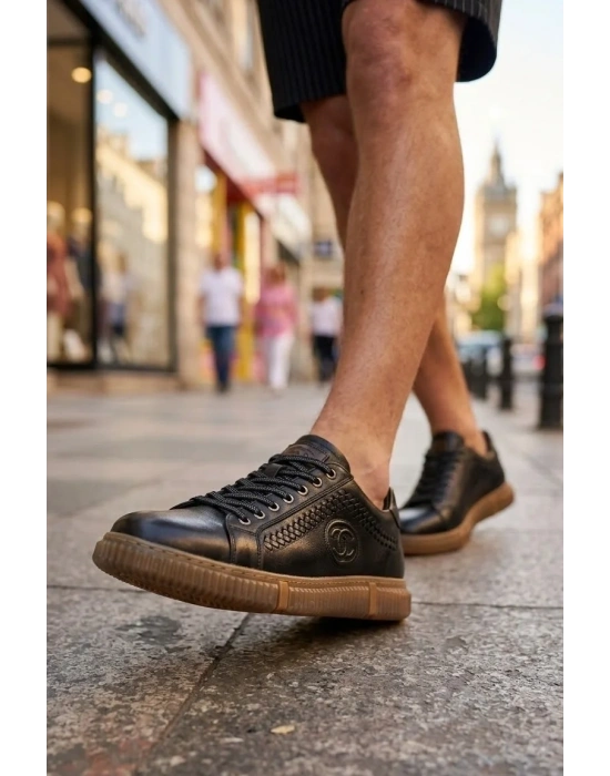 Hakiki Deri Ayakkabı Erkek Sneaker Konforlu Kaymaz Silikon Taban Siyah
