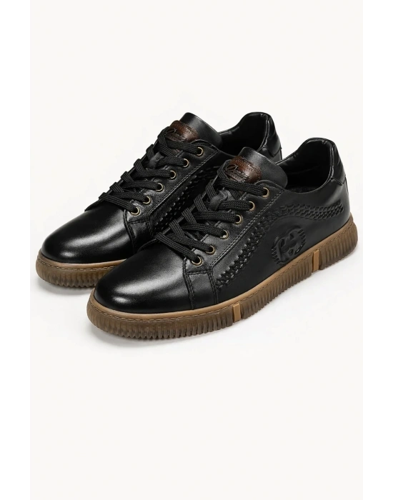 Hakiki Deri Ayakkabı Erkek Sneaker Konforlu Kaymaz Silikon Taban Siyah