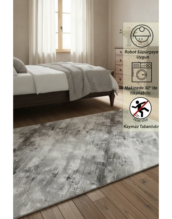 Yolluk Gri Çizgi Desen Kaymaz Taban Peluş