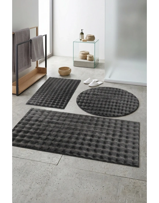 Banyo Paspası Koyu Gri Gri Kaymaz Taban Peluş Bubble 50X50 cm