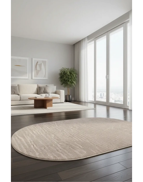 Salon Halısı Bej Yumuşak Oval Dokuma