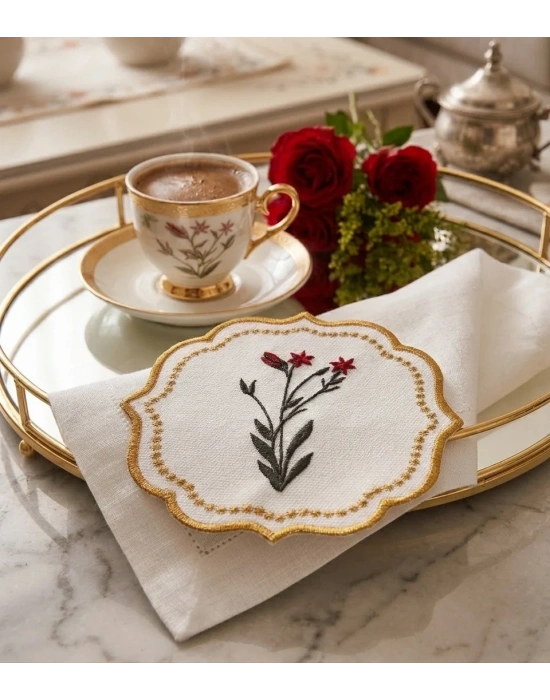6 Adet Nakışlı Kahve Yanı Sunumluk Kokteyl Peçetesi & Bardak Altlığı Gold Kenar Çiçek Desen